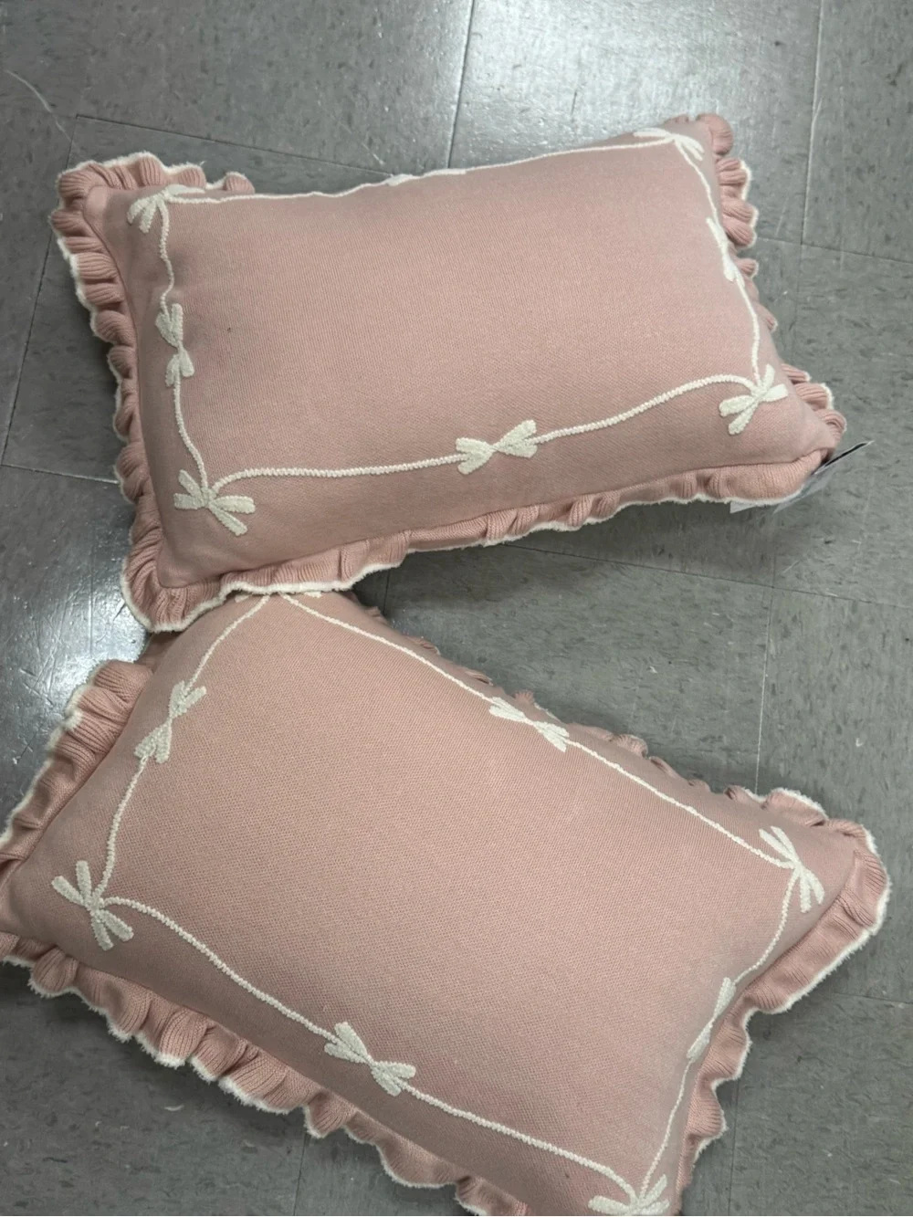 Blush Pink Decorative Throw Pillows with White Embroidered Bow Trim (Set of 2)